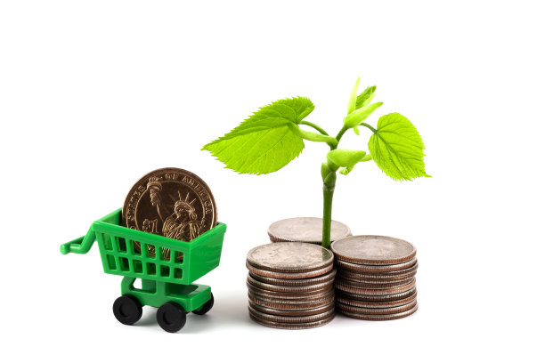 一个嫩芽和绿叶，一堆25美分和一美元硬币图片下载