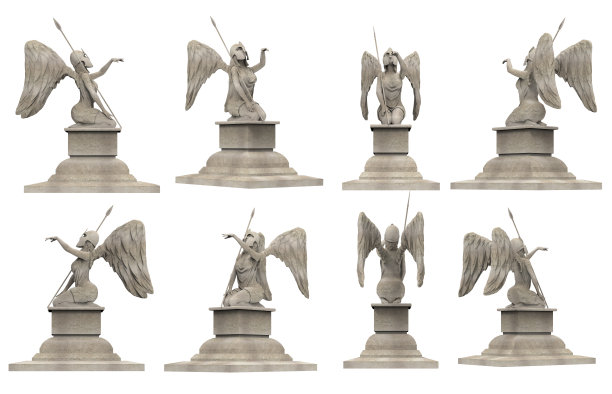 孤立的3d渲染插图的古色古香的石头天使战士雕像与矛。图片下载