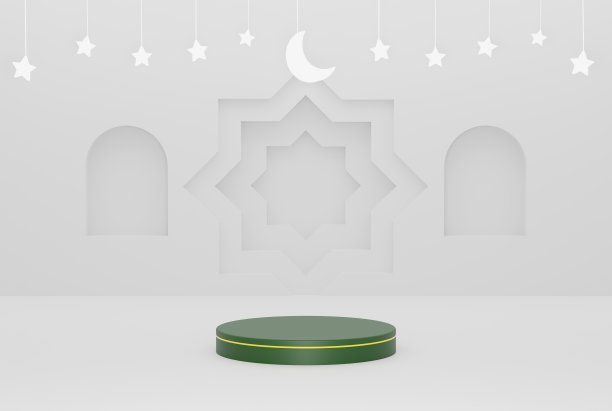 3d平台蓝色斋月白色伊斯兰背景与星星和新月白色三维插图传单设计，横幅，海报等图片下载