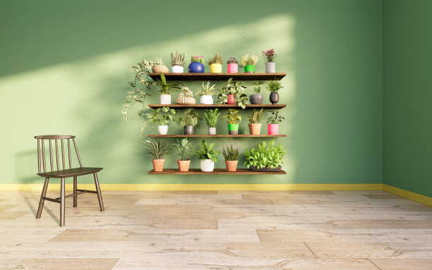 室内的植物房和绿色墙面构成时尚的家居花园，3D渲染图片下载