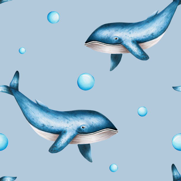 水彩无缝图案与蓝鲸隔离在白色背景。手绘现实的北极和南极海洋哺乳动物。用于设计师，装饰，明信片，包装纸，剪贴簿，封面，标志，邀请函，海报和纺织品图片下载