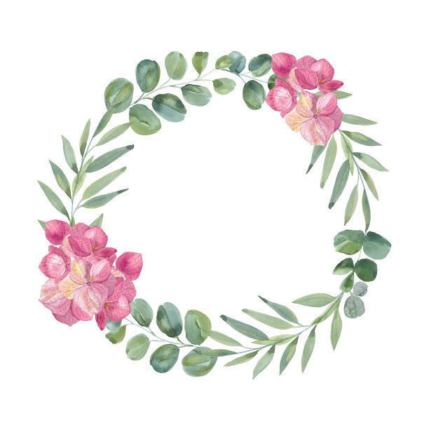 手绘水彩邀请卡模板与优雅的桉树树枝和绣球花。花冠桉，植物圆形绿框图片下载