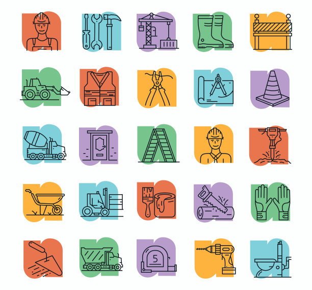 构造线图标可编辑笔画。采购产品建筑，蓝图，水泥搅拌机，手提钻，起重机建筑图片下载