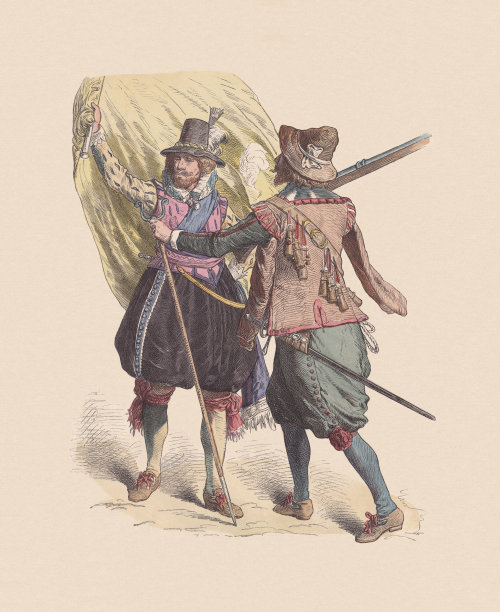 17世纪德国士兵手绘着色木刻版画，约1880年出版图片下载
