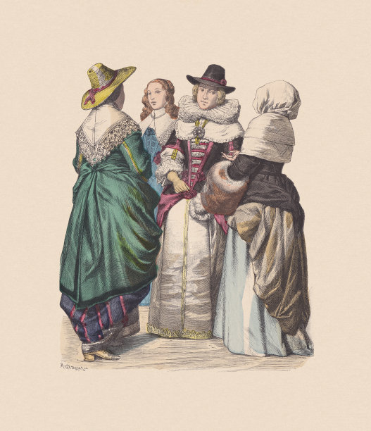 17世纪英国服饰，手工着色木刻，大约1880年出版图片下载
