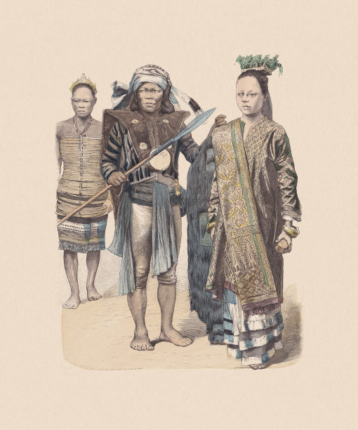 19世纪，印尼服饰，手工着色木刻，大约1880年出版图片下载