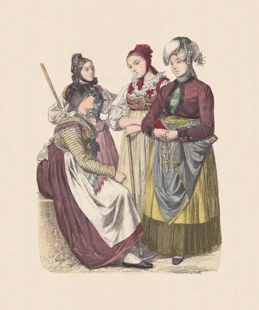 19世纪，德国服饰、巴登、手工着色木刻，大约1880年出版图片下载