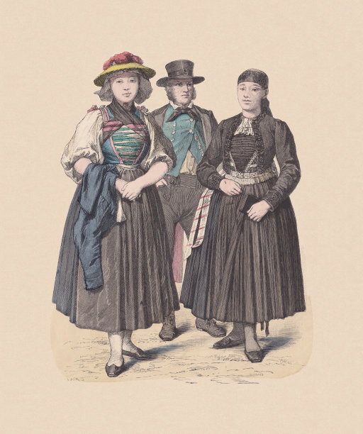 19世纪，德国服饰、巴登、手工着色木刻，大约1880年出版图片下载