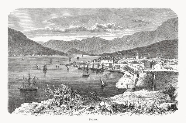 黑山科托尔的历史观点，木刻，出版于1893年图片下载