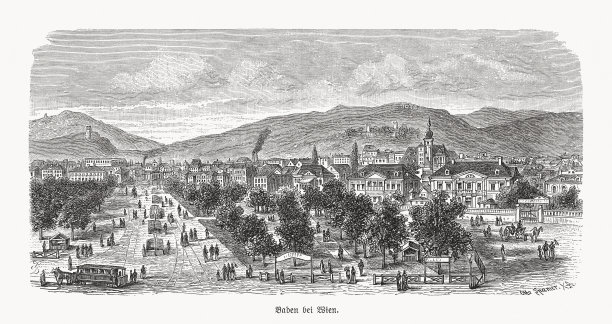 奥地利维也纳附近的巴登的历史观点，木刻，1893年出版图片下载