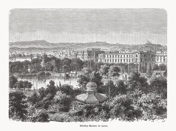 埃及开罗的埃斯贝基耶花园（1893年木刻版画）图片下载