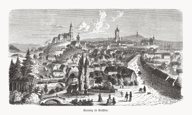 德国萨克森的卡门茨的历史观，木刻，1893年出版图片下载