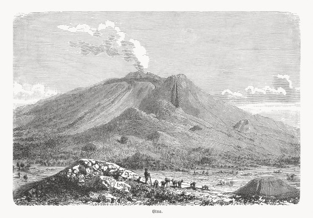 意大利西西里岛成层火山埃特纳火山木刻，1893年出版图片下载