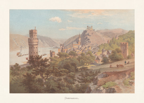 德国莱茵兰-普法尔茨奥伯韦塞尔的历史观，色版画，约1870年出版图片下载