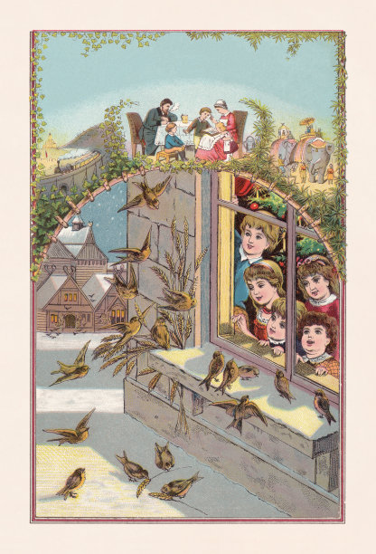 1888年出版的色版画，孩子们在冬天看鸟图片下载