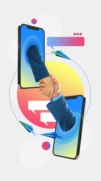 伙伴关系和网络合作。商人的手伸出手机屏幕，颤抖着。交易。当代艺术拼贴。图片下载