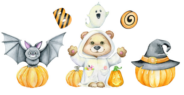 一只小熊，一只蝙蝠，南瓜，一顶帽子，一套水彩贴纸，为万圣节的假期，在一个孤立的背景上，在卡通风格。图片下载
