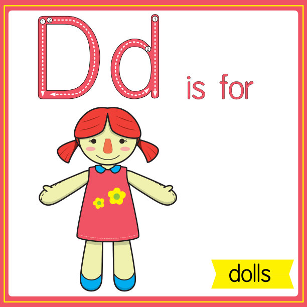 矢量插图学习字母为儿童与卡通形象。字母D代表洋娃娃。图片下载