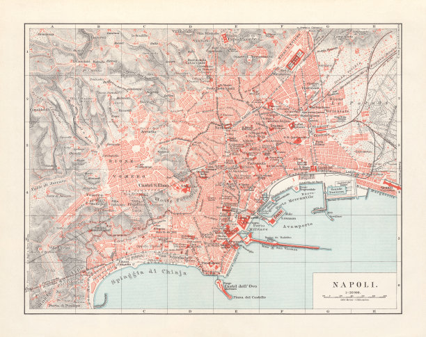 那不勒斯(意大利语:Napoli)城市地图，意大利，平版，1897年出版图片下载