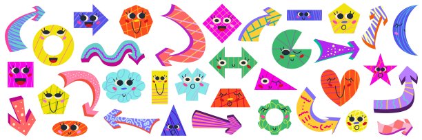 图形字符形状设置为数学教育与俏皮的箭头。可爱的微笑几何字符，供孩子学习。幼儿园游戏用表情符号做数学题。矢量卡通插画设计图片下载