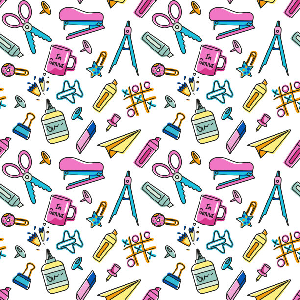 色彩斑斓的学习用品，图案无缝衔接。回到学校。图片下载