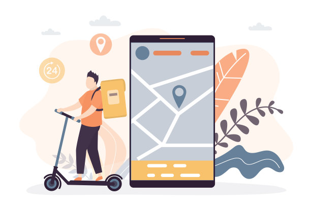 快递员骑电动滑板车。穿着制服的快递员。快速交货，航运概念背景。拿着包裹箱的工人。导航地图与指针在智能手机应用程序。图片下载
