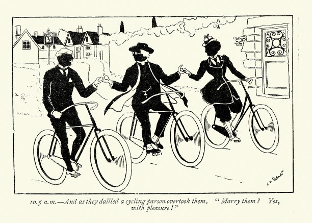 19世纪19世纪90年代，维多利亚时代骑自行车的人，牧师与骑自行车的人结婚的剪影图片下载