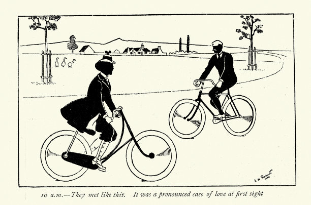 19世纪19世纪90年代维多利亚时代，骑自行车的男性和女性的剪影素描图片下载