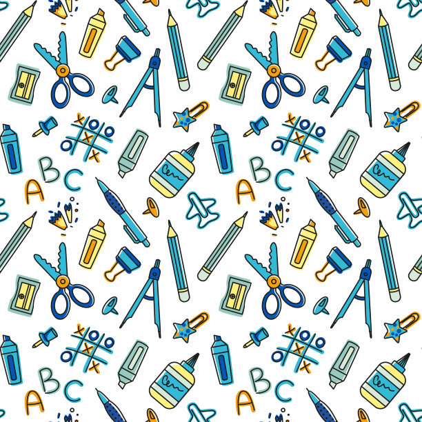 色彩斑斓的学习用品，图案无缝衔接。回到学校。图片下载