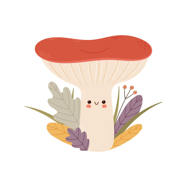 可爱的蘑菇和秋天的树叶。儿童卡通印花，用于服装、明信片等印刷。图片下载