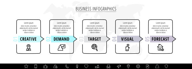 有5个矩形的线矢量信息图。方形图表过程模板与箭头。现代时间表的公司或企业业务项目，演示文稿，网页，图表，内容图片下载