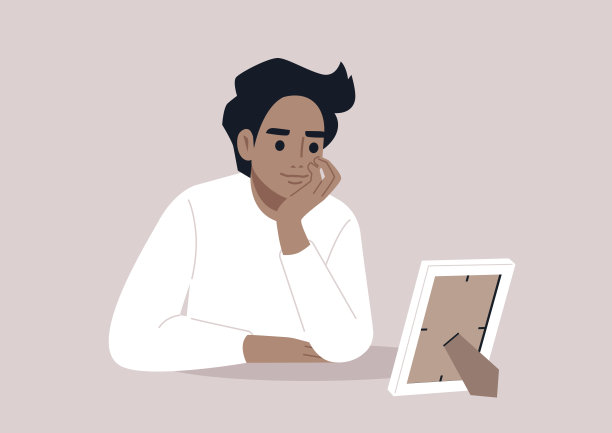 一个年轻的角色用手托着脸，凝视着装在白色相框里的照片，幻想着他们的浪漫恋人图片下载