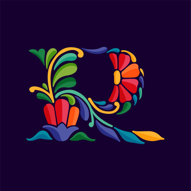 字母R标志与墨西哥彩色和华丽的民族图案。传统的阿兹特克树叶和花朵刺绣装饰。图片下载