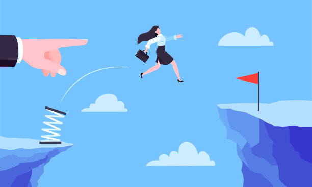 女商人跳过深渊跨越悬崖平面风格设计矢量插图。图片下载