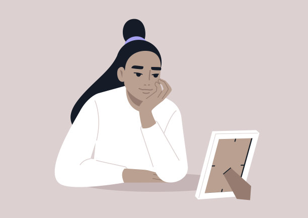 一个年轻的角色用手托着脸，凝视着装在白色相框里的照片，幻想着他们的浪漫恋人图片下载