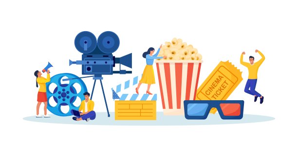 人们在电影院录制、制作和观看电影。摄制组正在拍摄电影。电影导演，制作团队。人物在网上买票，买爆米花。电影制作人员。摄影图片下载