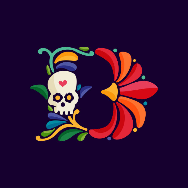 字母D标志与墨西哥彩色和华丽的民族图案。传统的阿兹特克树叶和花朵刺绣装饰。图片下载