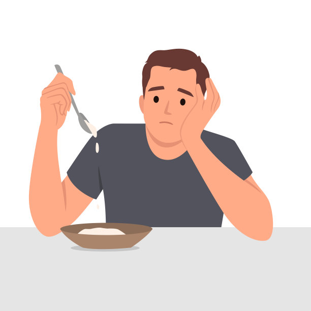 没有胃口的人看着瘦肉汤或蔬菜做的沙拉。男人遵循医生开的食谱。男孩伤心地吃着素菜。图片下载