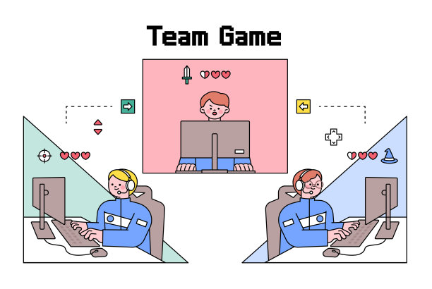 电子竞技比赛。职业团队的玩家通过互相发送道具来一起玩游戏。图片下载