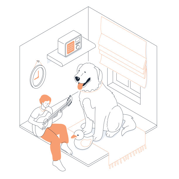 吉他手用狗画出现代线条设计风格的等距插画图片下载