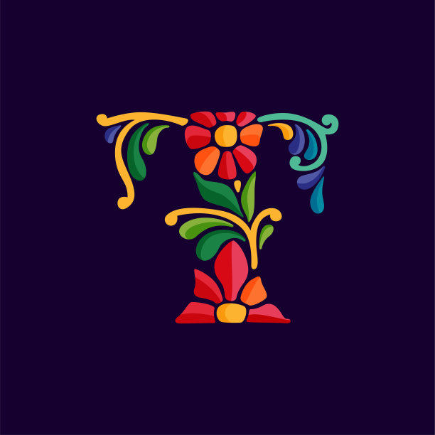 字母T标志与墨西哥彩色和华丽的民族图案。传统的阿兹特克树叶和花朵刺绣装饰。图片下载
