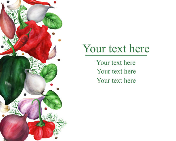 水彩蔬菜与辣椒、洋葱、莳萝和菠菜接壤图片下载