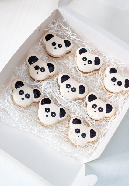 熊猫主题黑白马卡龙或饼干礼盒。给宝宝的生日礼物图片下载
