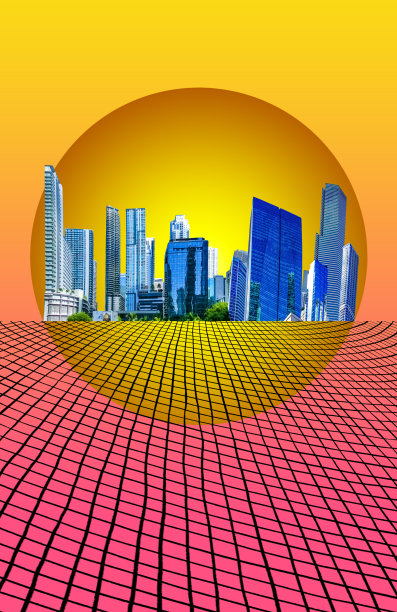 城市和道路的美学观点，紫色和抽象的圆形框架或球。创意幻想艺术拼贴图片下载