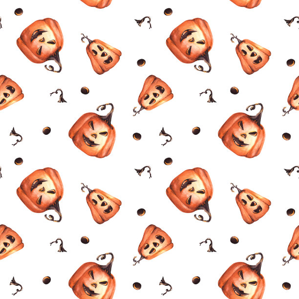 微笑万圣节南瓜水彩无缝图案隔离在白色背景。手画图片下载