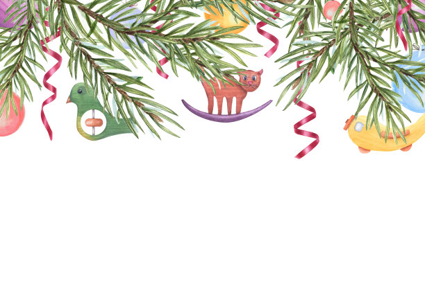 圣诞快乐和新年快乐海报与云杉树枝，彩球，木制玩具和红色蛇纹石。小猫，飞机，鸟，扭曲的丝带，圣诞树枝。文本空间图片下载