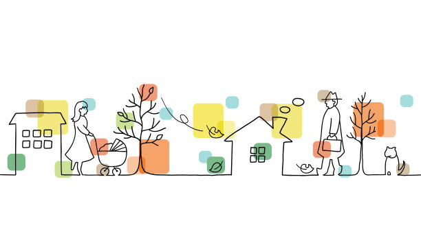 秋天小镇风景与人的线条画图片下载