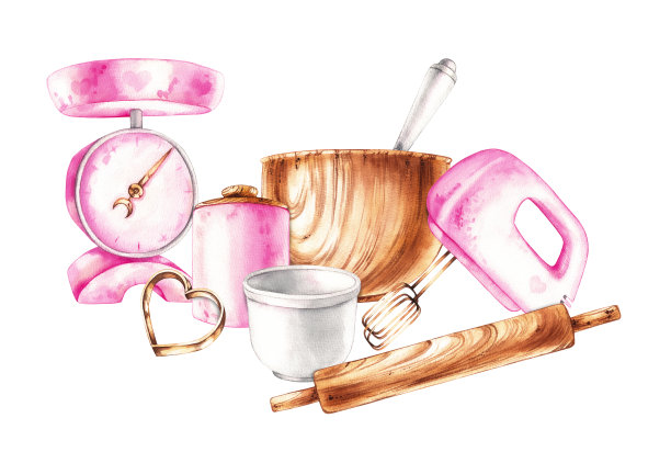 水彩画组成的烘烤工具孤立在一个白色图片下载
