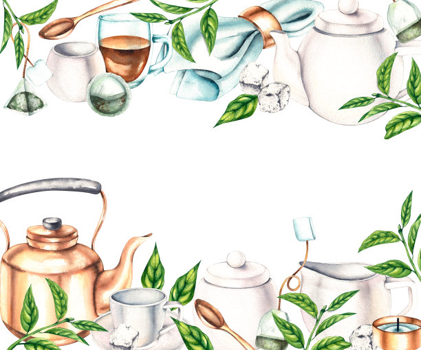 用茶具制成的水彩画框，白色背景上有茶树图片下载