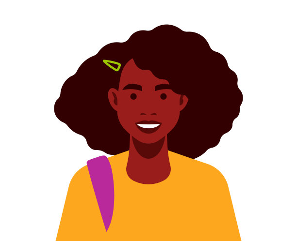 女学生：背着背包的可爱少女学生，棕色头发、深色皮肤、面带微笑的在校或大学学习儿童的现代矢量插图（已隔离）图片下载